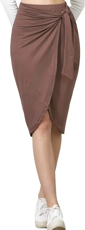 noflik Women's Elastic High Waist Tie Front Wrap Asymmetrical Midi Pencil Skirt