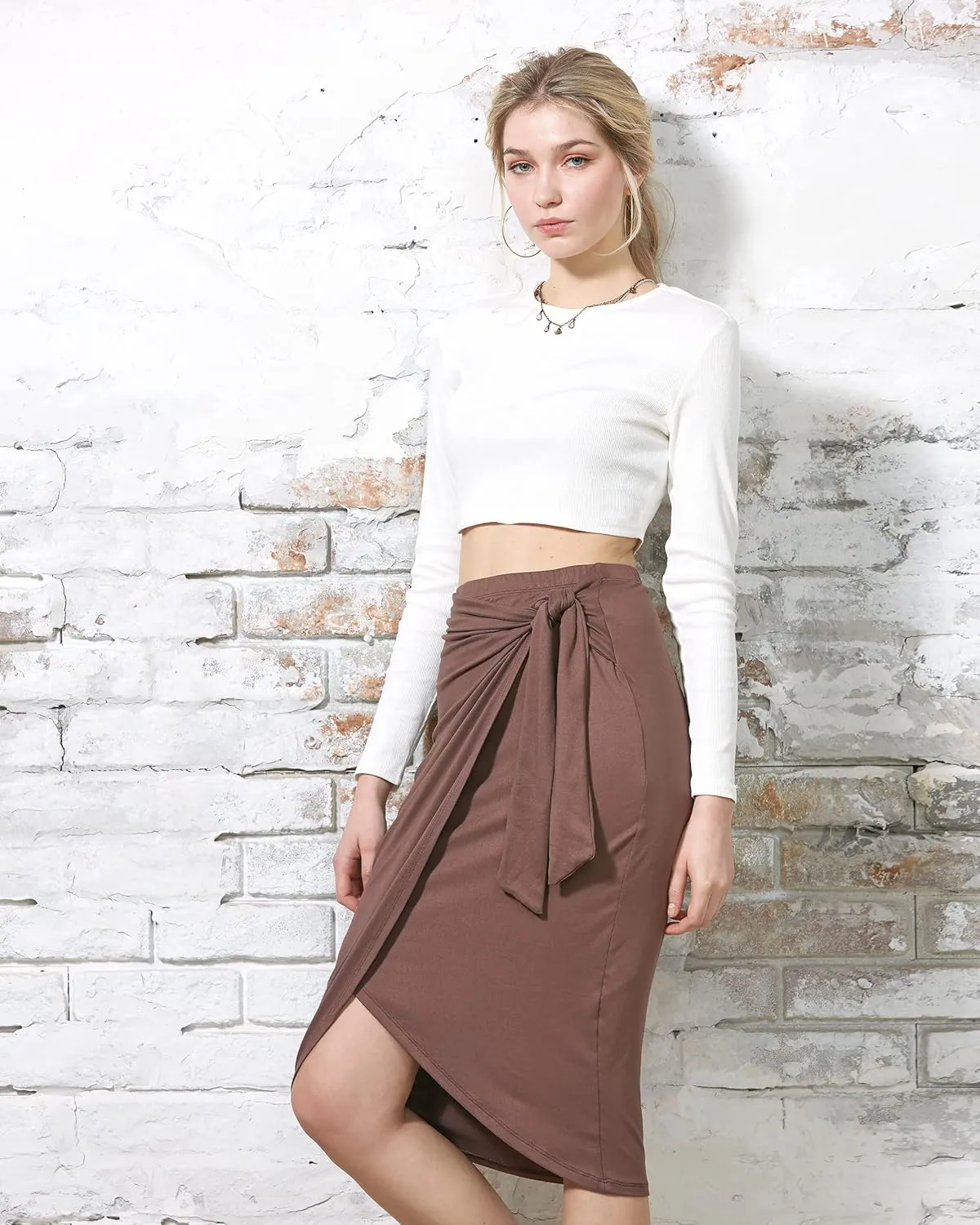 noflik Women's Elastic High Waist Tie Front Wrap Asymmetrical Midi Pencil Skirt