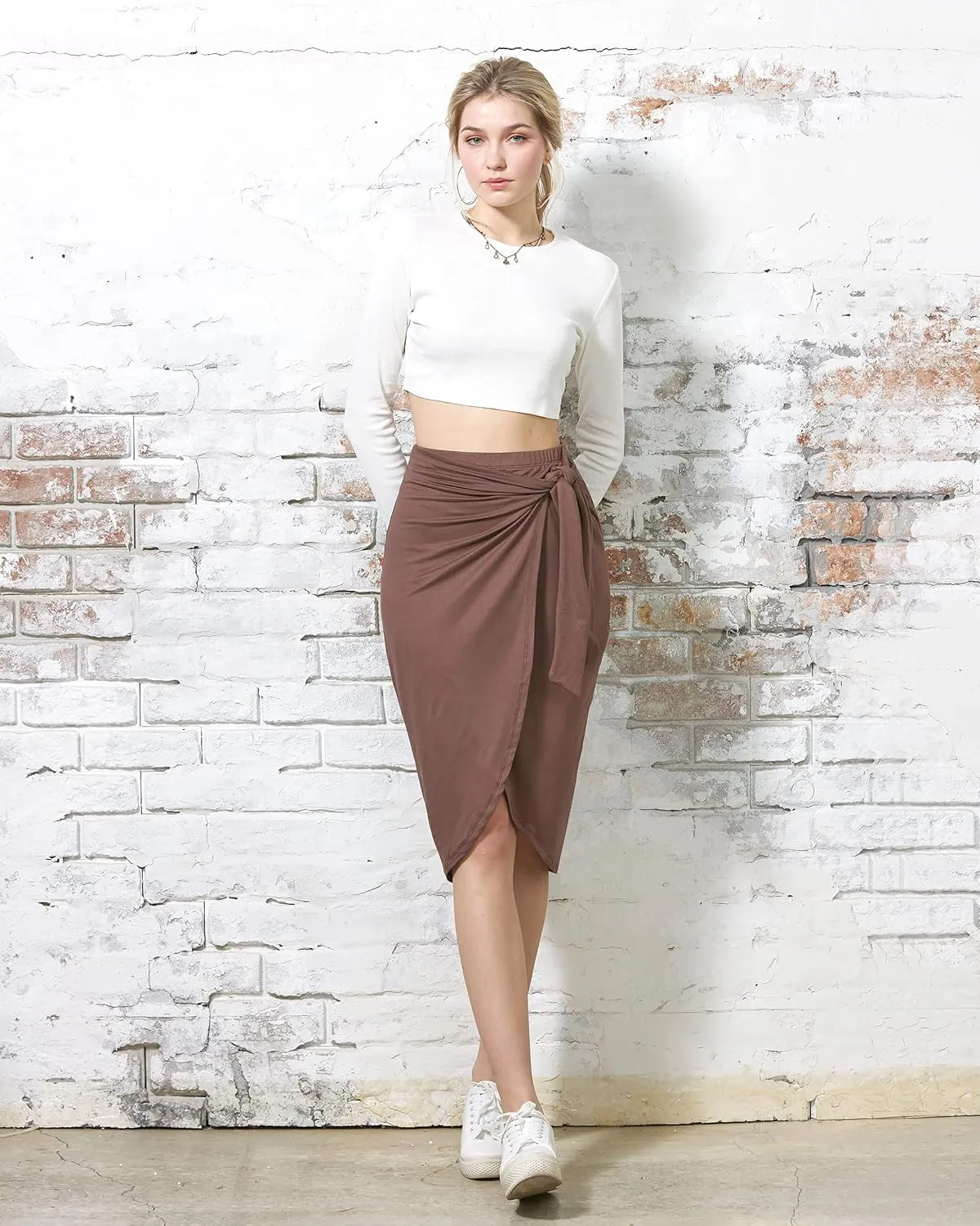 noflik Women's Elastic High Waist Tie Front Wrap Asymmetrical Midi Pencil Skirt