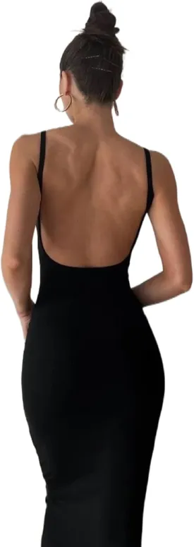 NUFIWI Women Backless Hollow Out Long Dress Sexy Knitted Maxi Dress Bodycon Spaghetti Strap Cocktail Party Midi Dress