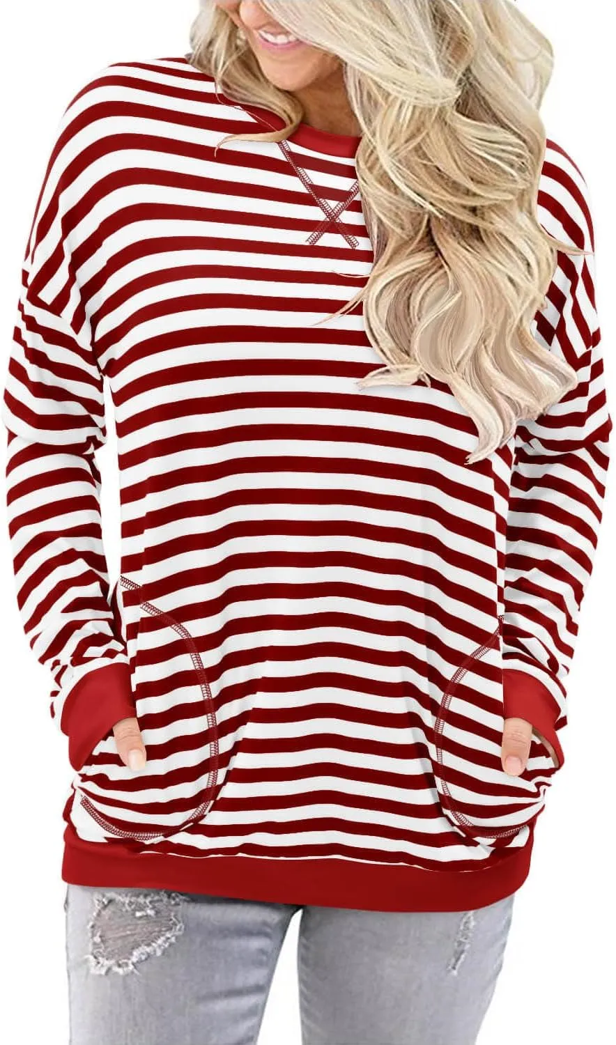 ONLYSHE Womens Crewneck Sweatshirt Casual Loose Fitting Tops Long Sleeve T Shirt