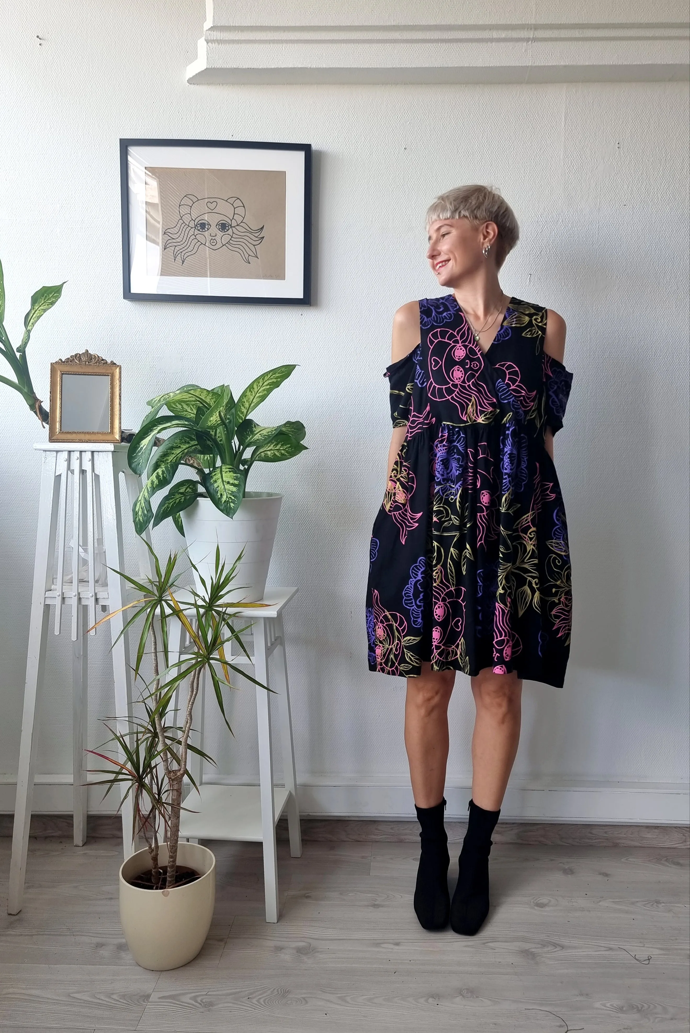 Oversized Black Linen Dress with Handprinted Original Drawings for every occasion of your life. Black Mini Dress for Every Season.