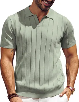 PJ PAUL JONES Men's Polo Shirt V Neck Texture Shirt Short Sleeve Casual Knit Polos