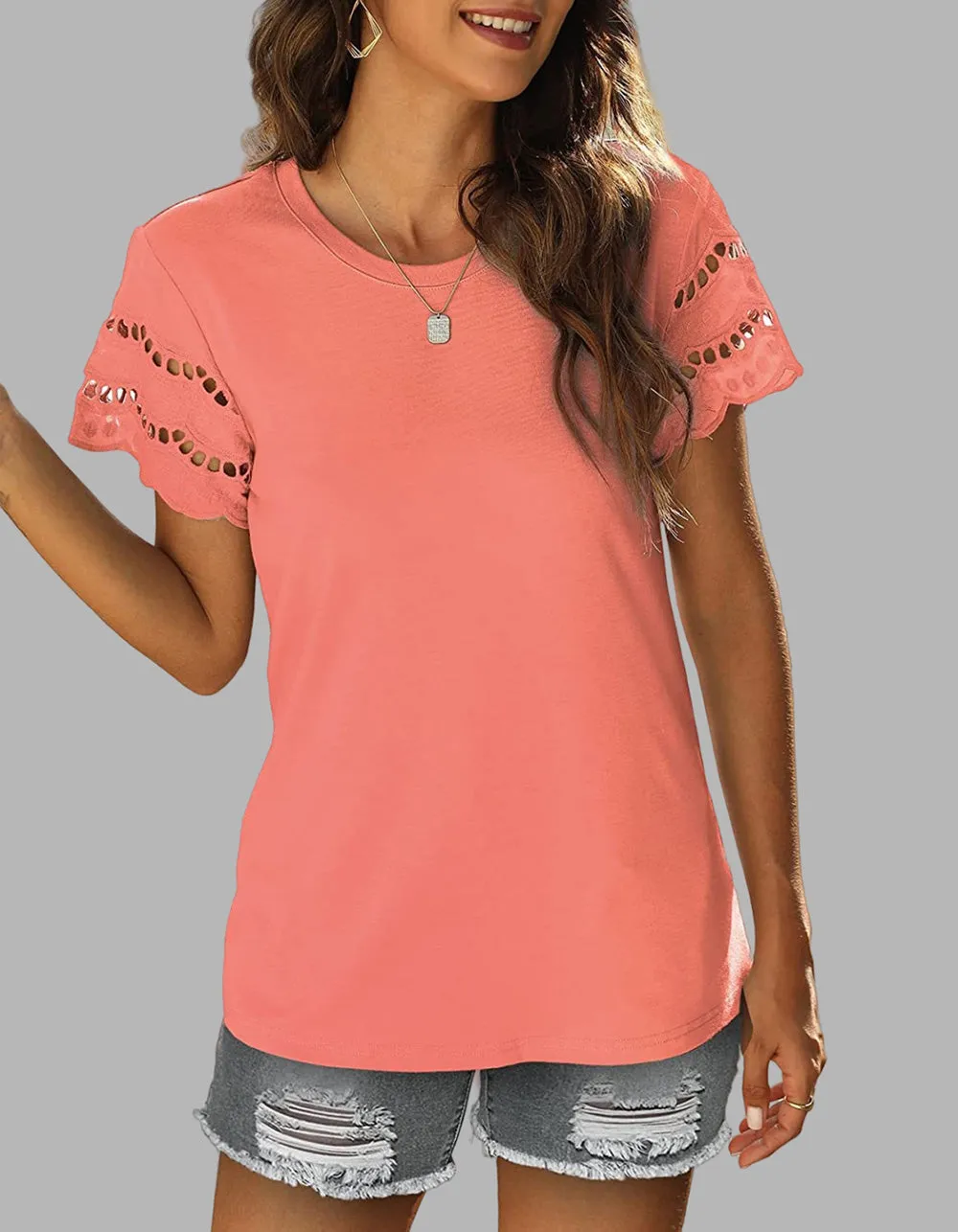 Plain Round Neck Lace Stitching Short Sleeve T-Shirt