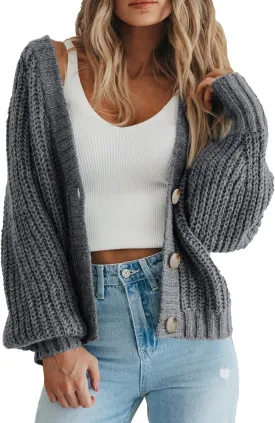 PRETTYGARDEN Women's Chunky Knit Open Front Sweater Long Sleeve Button Loose Short Cardigan Outerwear Coats