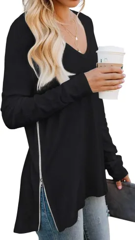 PrinStory Women's Long Sleeve Shirt Fall Tops Casual V Neck Side Split Shirt With Side Zipper