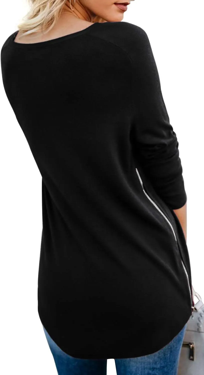 PrinStory Women's Long Sleeve Shirt Fall Tops Casual V Neck Side Split Shirt With Side Zipper