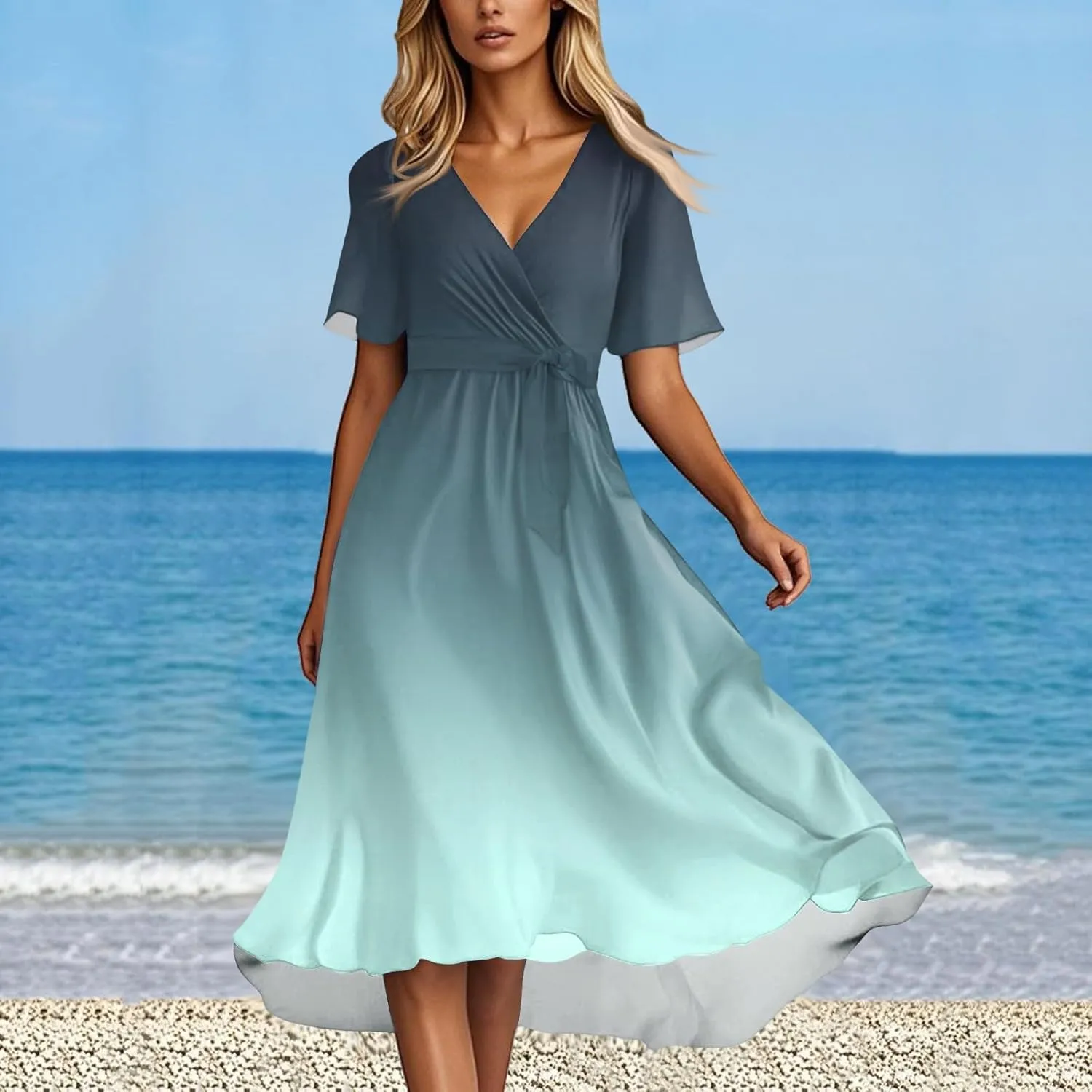Pub Short Sleeve Summer Dress Women Hip Crop Comfort Loose Fitting for Women V Neck