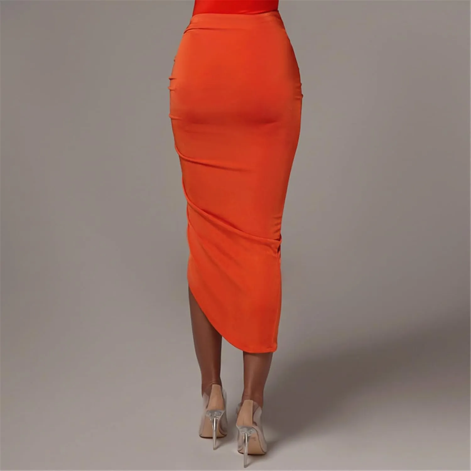 Resnan Women's Sexy Ruched Split Side Skirts Bodycon Skirt Ruched Drawstring High Waist Asymmetrical High Low Hem Midi Skirt