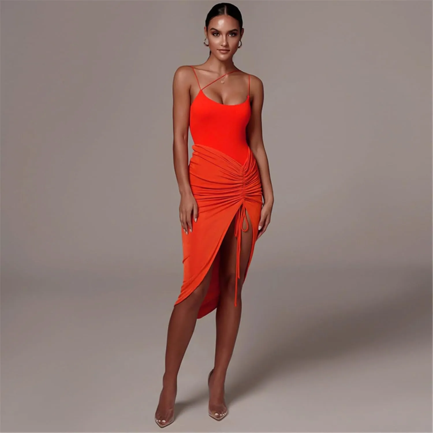 Resnan Women's Sexy Ruched Split Side Skirts Bodycon Skirt Ruched Drawstring High Waist Asymmetrical High Low Hem Midi Skirt