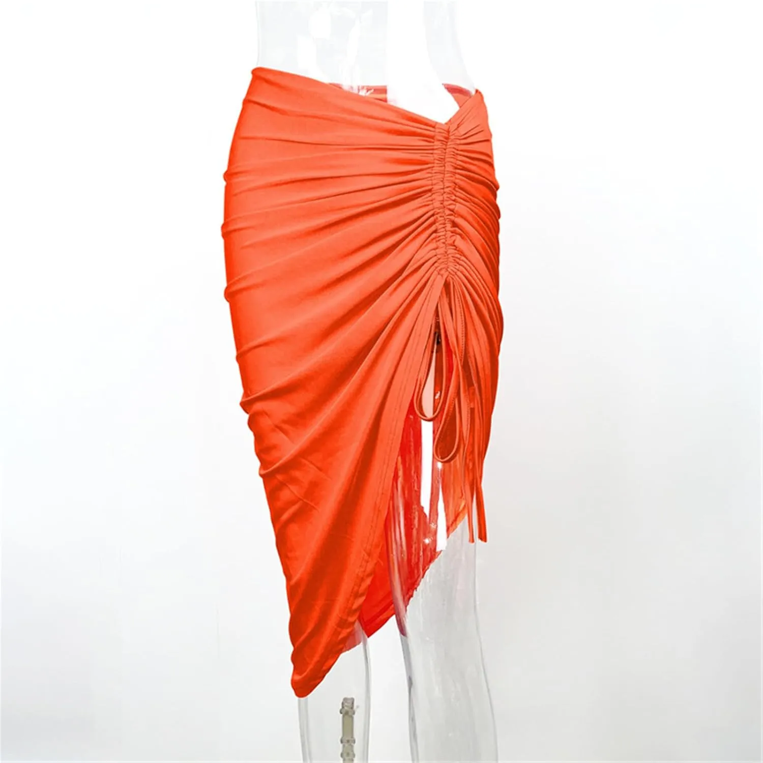 Resnan Women's Sexy Ruched Split Side Skirts Bodycon Skirt Ruched Drawstring High Waist Asymmetrical High Low Hem Midi Skirt