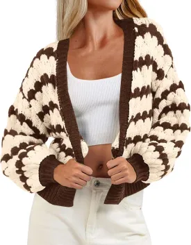 Saodimallsu Womens Cropped Cardigan Striped Open Front Long Lantern Sleeve Color Block Loose Chunky Knit Sweater Coat