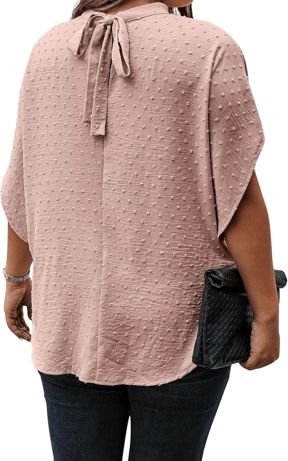SOLY HUX Women's Plus Size Swiss Dots Blouse Mock Neck Half Sleeve Tie Back Tops