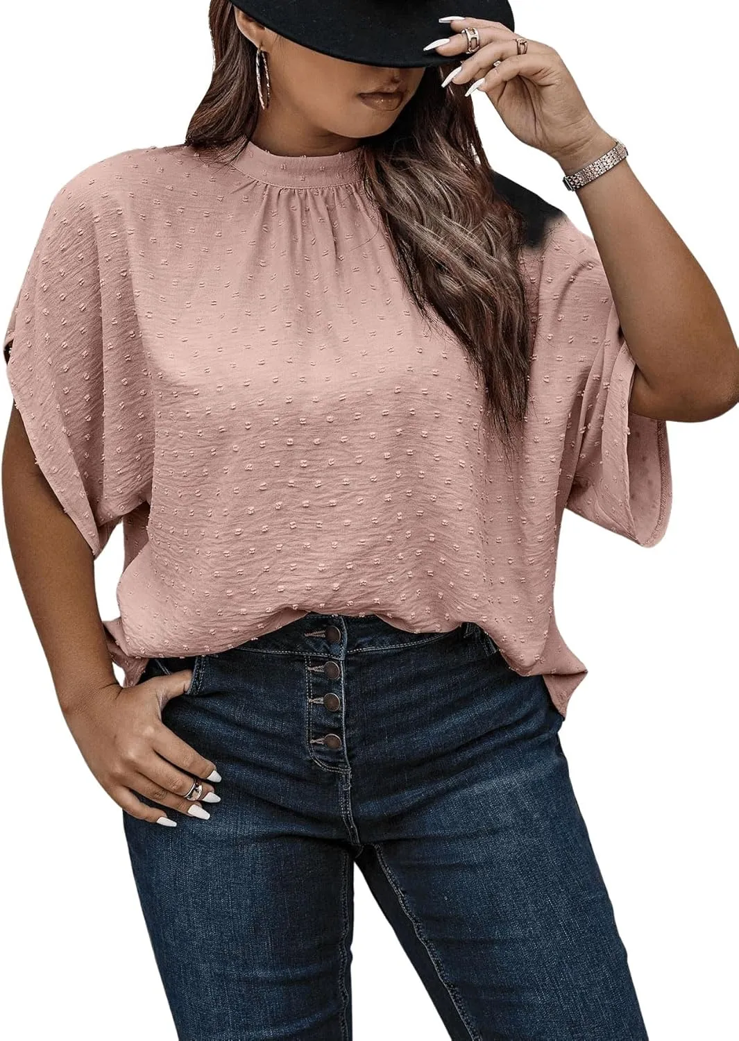 SOLY HUX Women's Plus Size Swiss Dots Blouse Mock Neck Half Sleeve Tie Back Tops