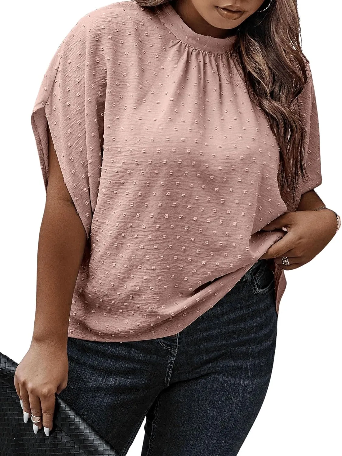 SOLY HUX Women's Plus Size Swiss Dots Blouse Mock Neck Half Sleeve Tie Back Tops