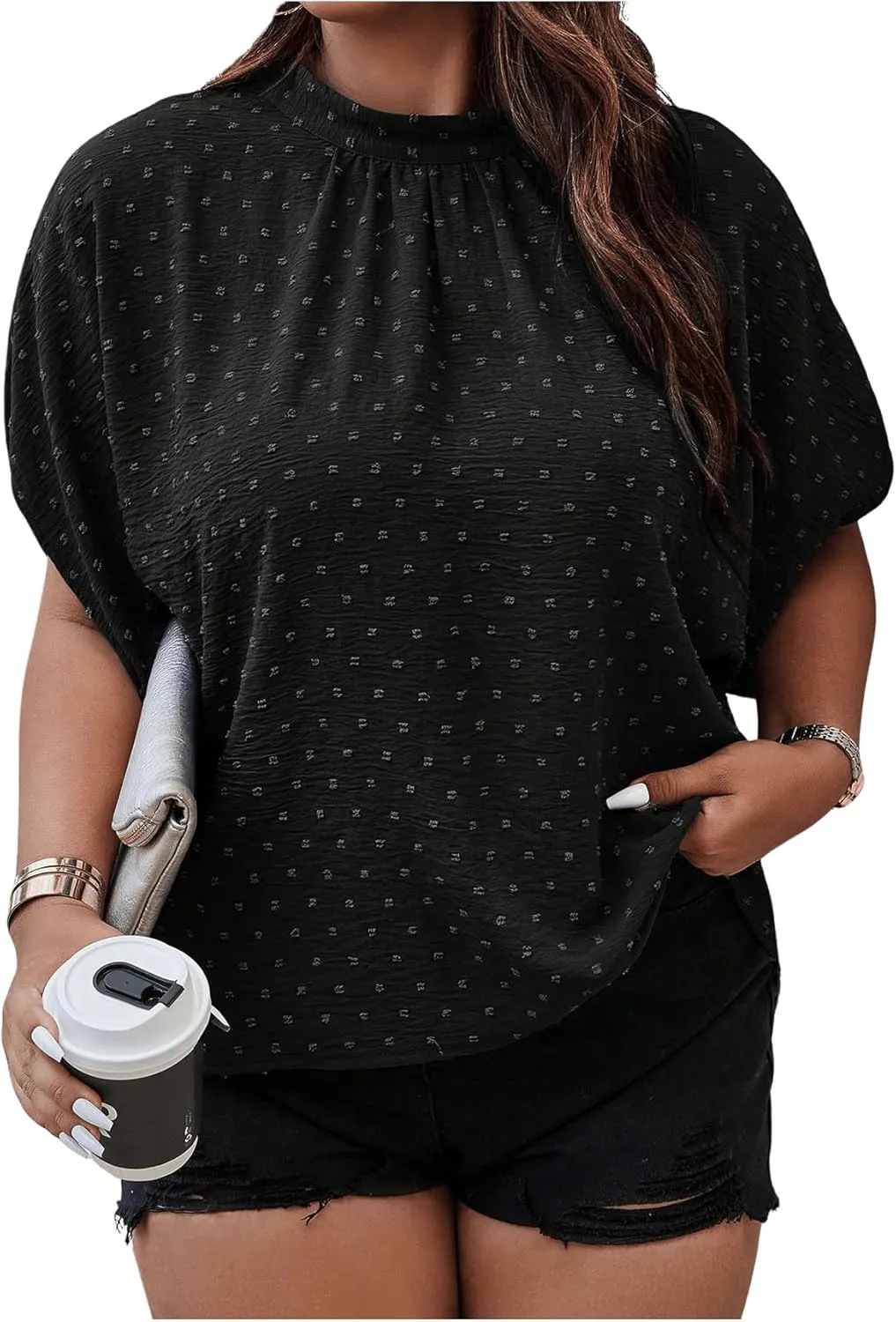 SOLY HUX Women's Plus Size Swiss Dots Blouse Mock Neck Half Sleeve Tie Back Tops