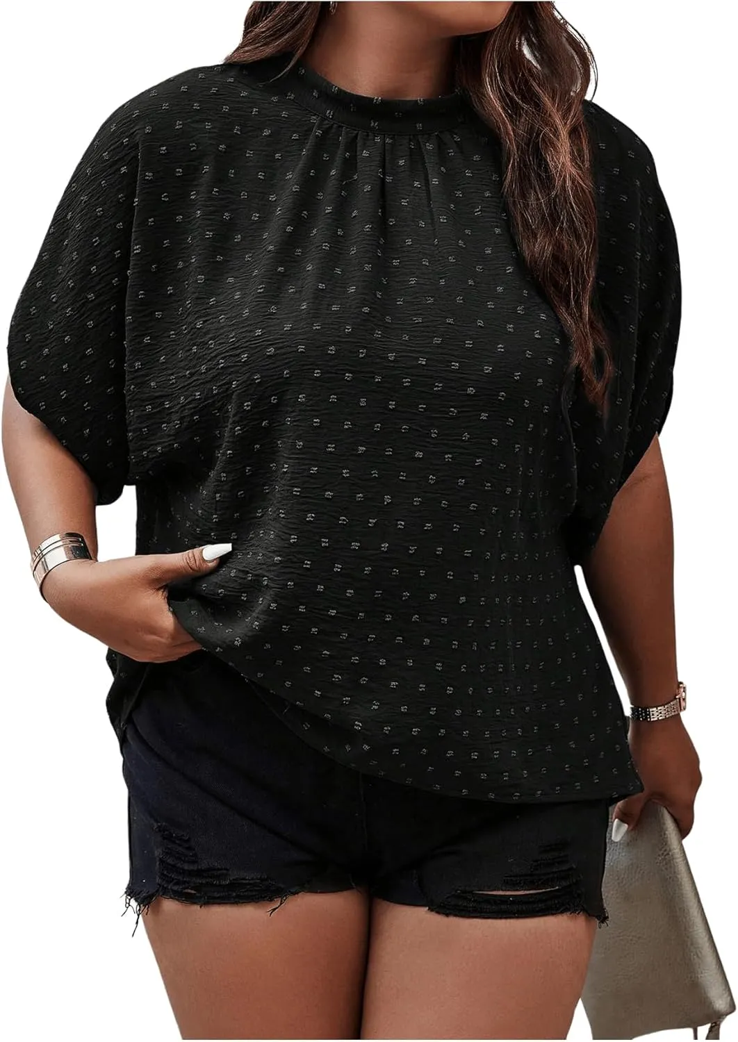 SOLY HUX Women's Plus Size Swiss Dots Blouse Mock Neck Half Sleeve Tie Back Tops