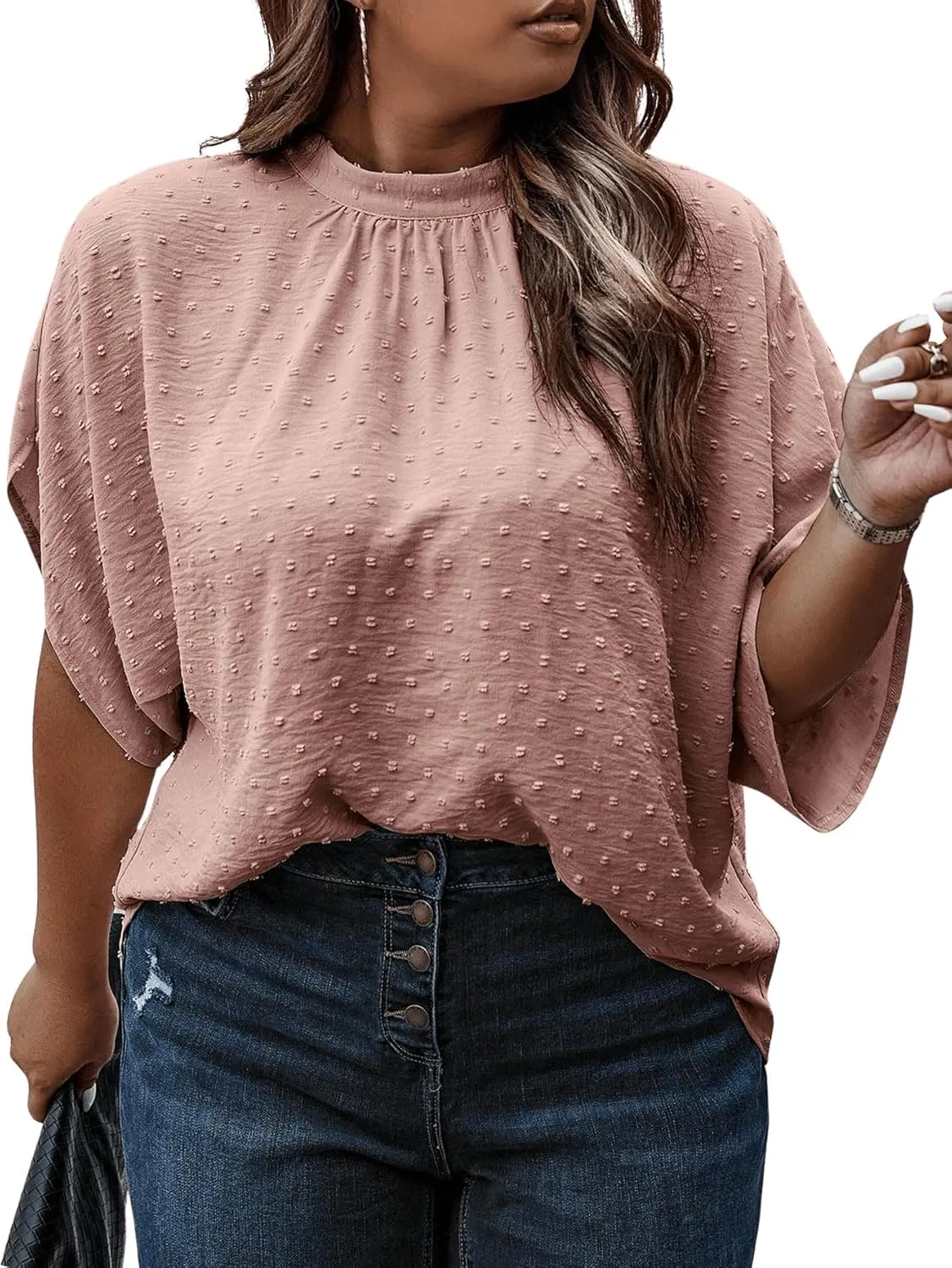 SOLY HUX Women's Plus Size Swiss Dots Blouse Mock Neck Half Sleeve Tie Back Tops