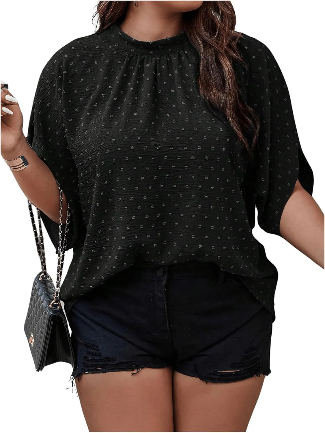 SOLY HUX Women's Plus Size Swiss Dots Blouse Mock Neck Half Sleeve Tie Back Tops
