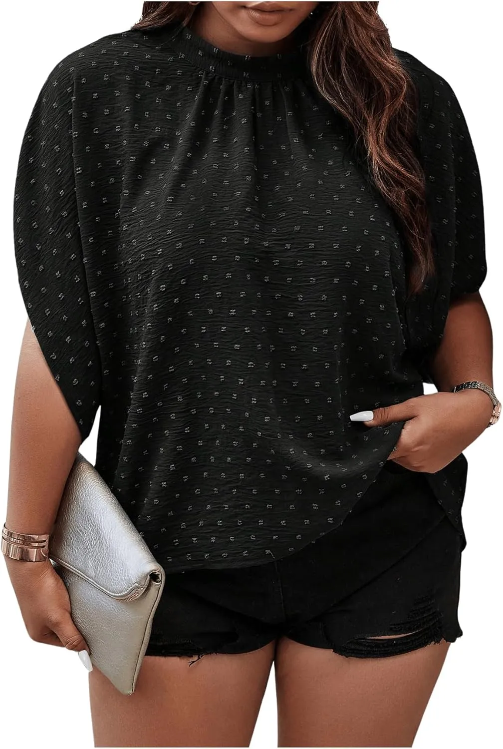 SOLY HUX Women's Plus Size Swiss Dots Blouse Mock Neck Half Sleeve Tie Back Tops