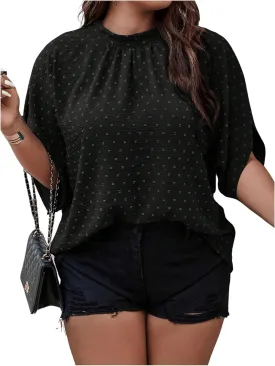 SOLY HUX Women's Plus Size Swiss Dots Blouse Mock Neck Half Sleeve Tie Back Tops