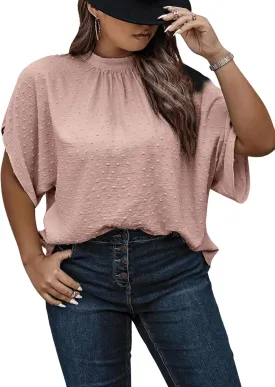 SOLY HUX Women's Plus Size Swiss Dots Blouse Mock Neck Half Sleeve Tie Back Tops
