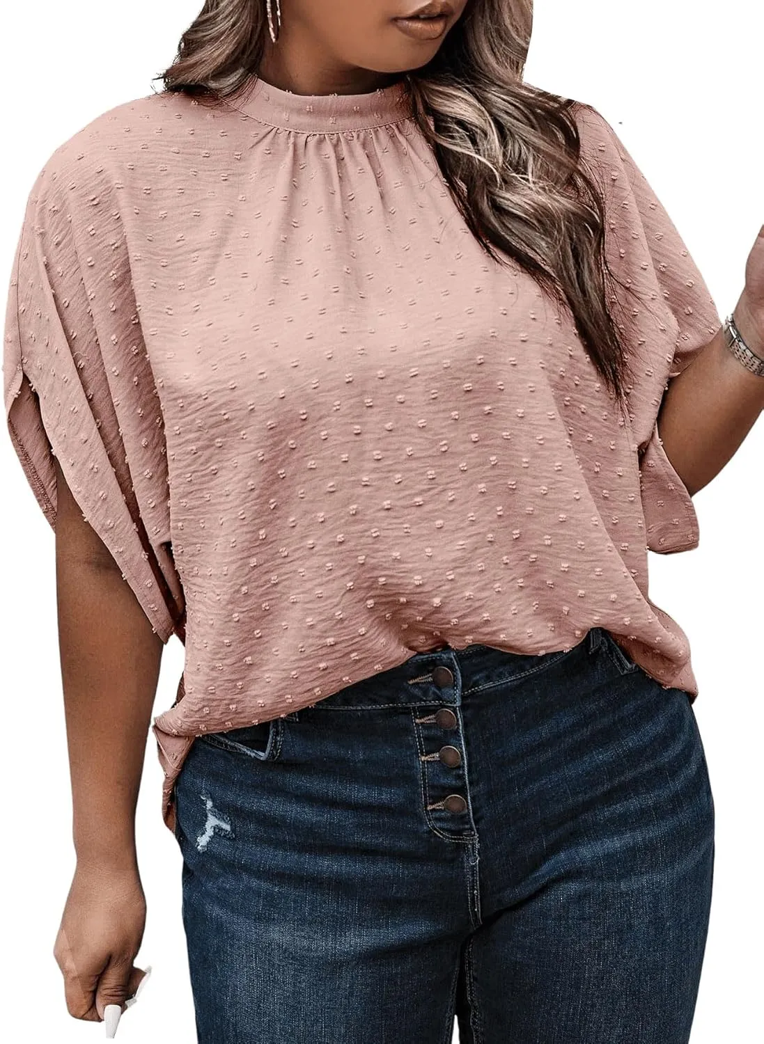 SOLY HUX Women's Plus Size Swiss Dots Blouse Mock Neck Half Sleeve Tie Back Tops