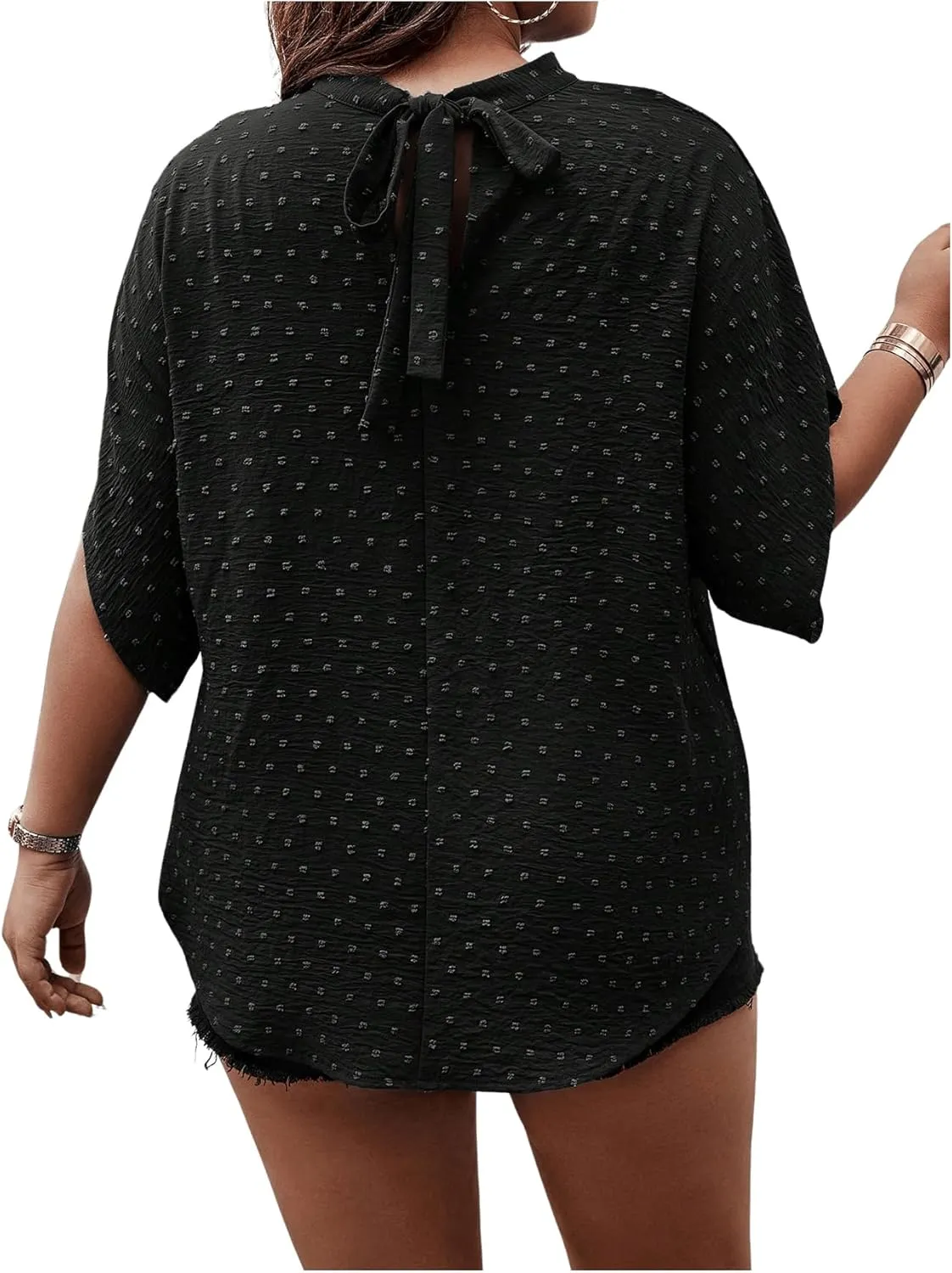 SOLY HUX Women's Plus Size Swiss Dots Blouse Mock Neck Half Sleeve Tie Back Tops