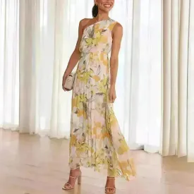 Summer Printed Oblique Shoulder Elastic Waist Vacation Floral Sleeveless Midi Dress