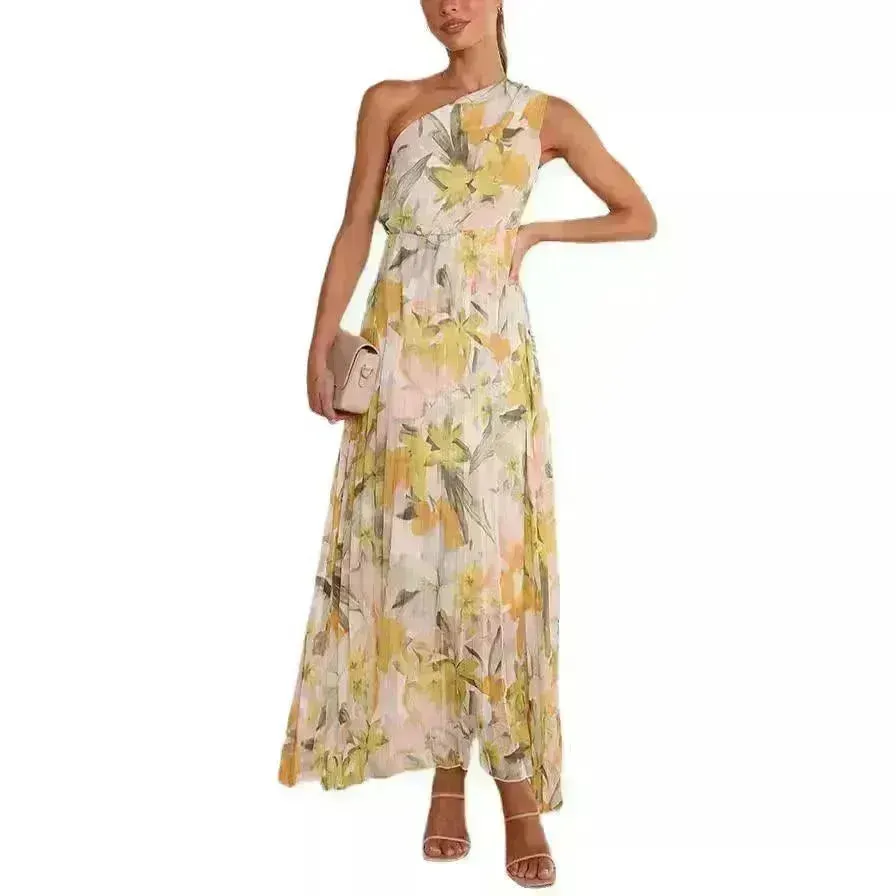 Summer Printed Oblique Shoulder Elastic Waist Vacation Floral Sleeveless Midi Dress
