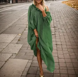 TIAFORD Women Cotton Linen Long Sleeve Maxi Dress Casual Off Shoulder Ruffle Beach Flowy Loose Shift Dress 2024 with Pocket