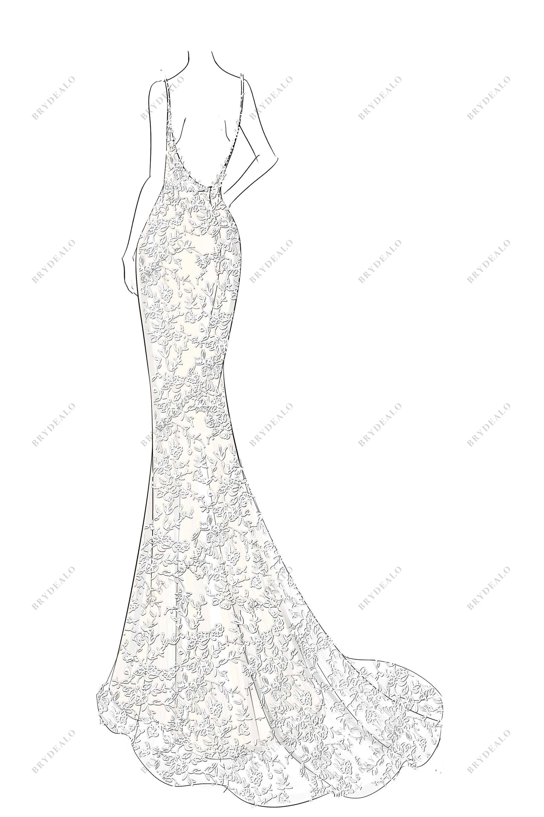 V-neck Lace Mermaid Designer Wedding Dress Sketch