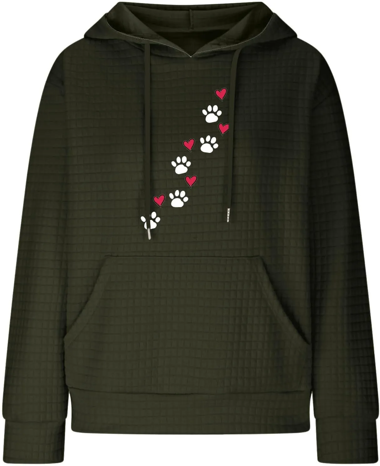 Waffle Hoodies for Women Cute Dog Paw Heart Print Hooded Sweatshirts Dog Lover Winter Casual Pocket Drawstring Pullover Tops
