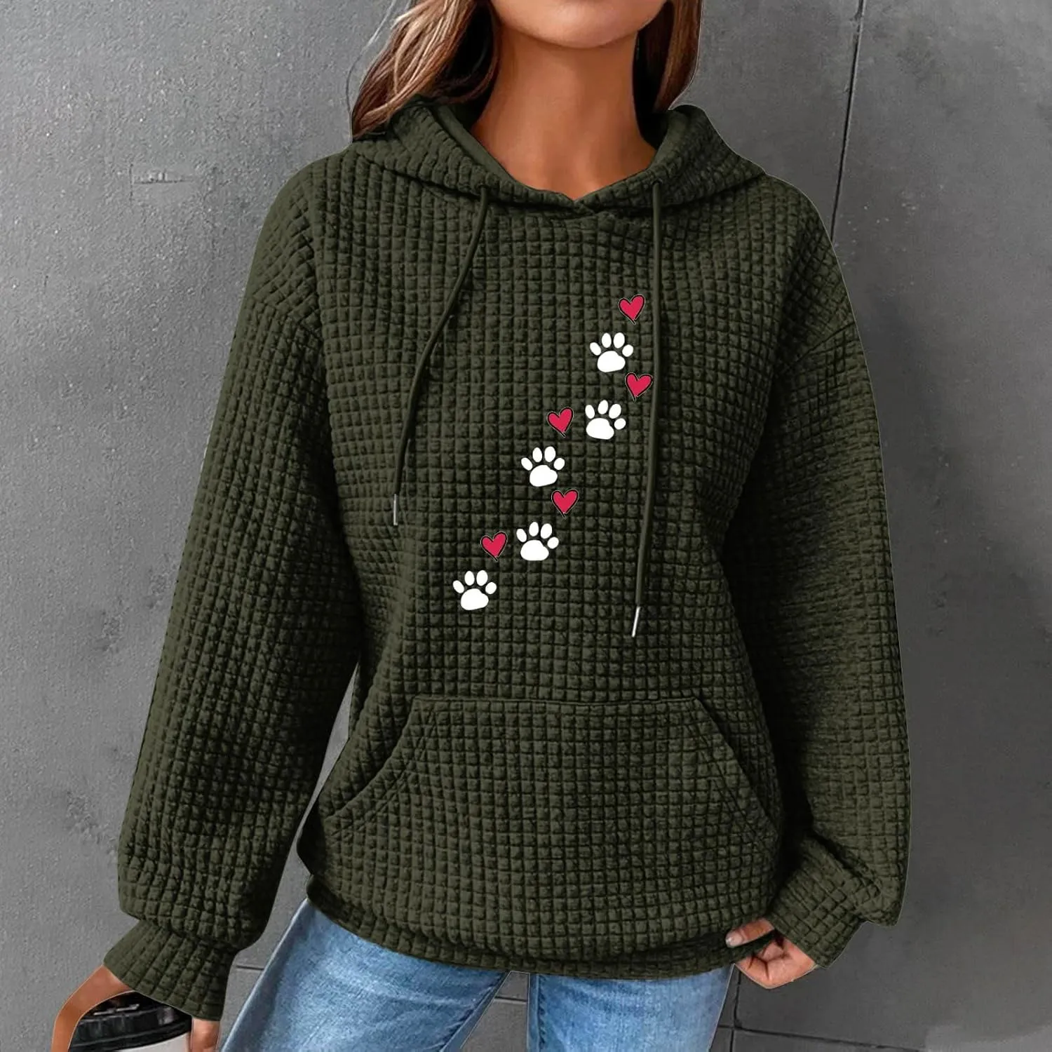 Waffle Hoodies for Women Cute Dog Paw Heart Print Hooded Sweatshirts Dog Lover Winter Casual Pocket Drawstring Pullover Tops