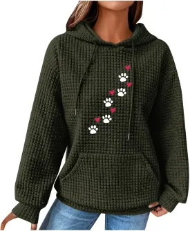 Waffle Hoodies for Women Cute Dog Paw Heart Print Hooded Sweatshirts Dog Lover Winter Casual Pocket Drawstring Pullover Tops