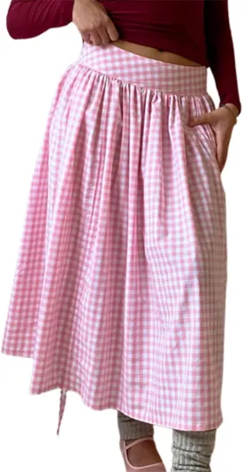 Women Long Skirt Elegant Plaid/Dot Print Low Waisted Midi Skirt Flowy Irregular A-Line Skirt for Casual Daily