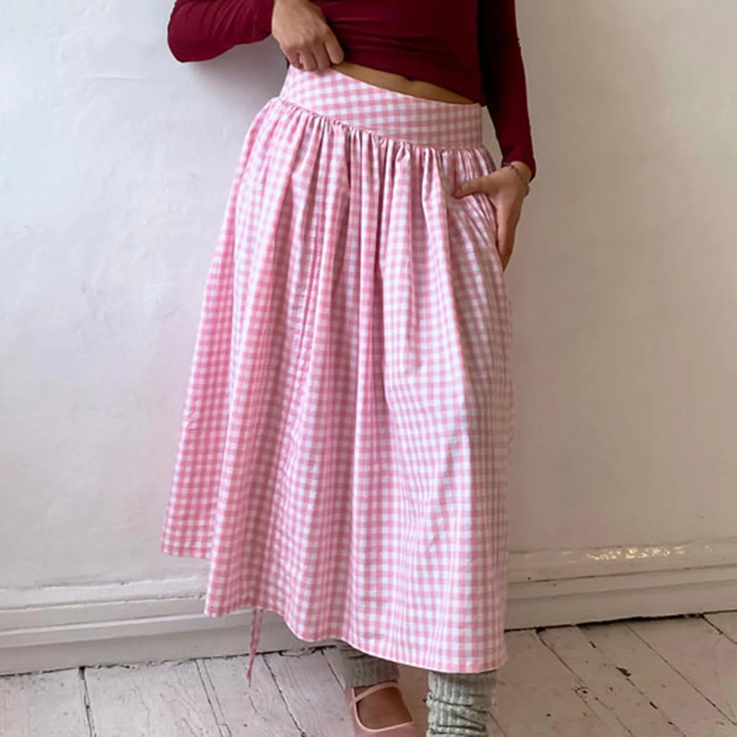 Women Long Skirt Elegant Plaid/Dot Print Low Waisted Midi Skirt Flowy Irregular A-Line Skirt for Casual Daily