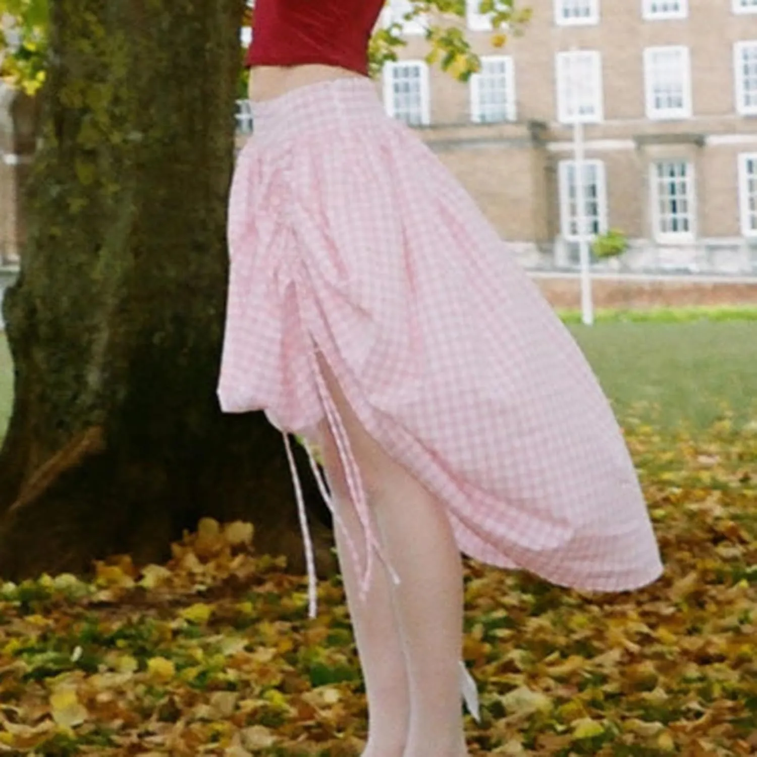 Women Long Skirt Elegant Plaid/Dot Print Low Waisted Midi Skirt Flowy Irregular A-Line Skirt for Casual Daily