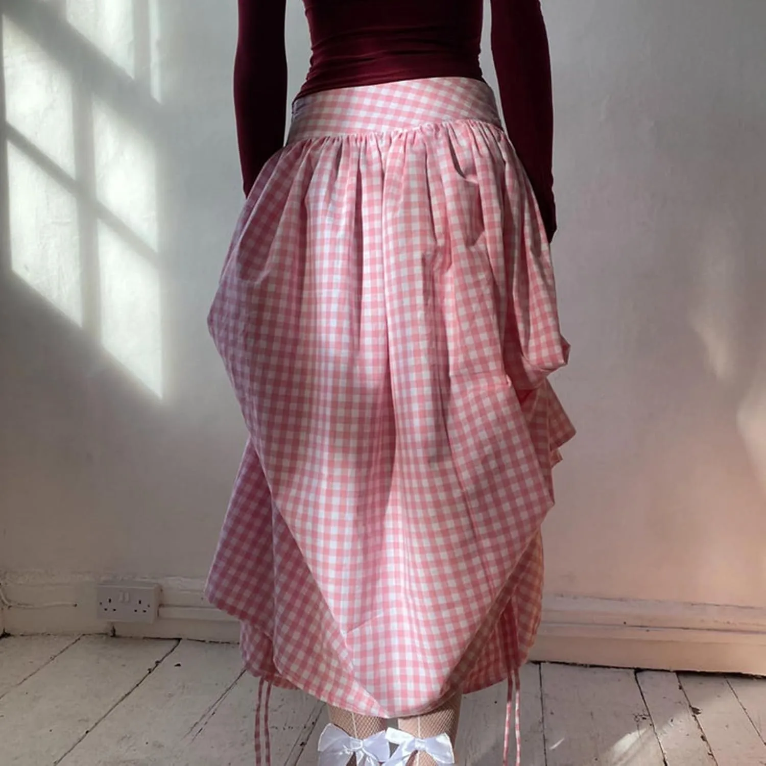Women Long Skirt Elegant Plaid/Dot Print Low Waisted Midi Skirt Flowy Irregular A-Line Skirt for Casual Daily
