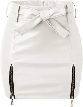 Women PU Leather Mini Skirt High Waist Zipper Side Split Hip Wrap Skirt Solid Color Slim Fit Bodycon Skirt
