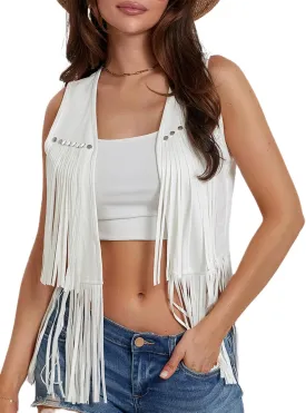 Women Tassel Vest 70s Hippie Faux Suede Rivets Sleeveless Fringe Waistcoat Open Front Boho Western Jacket Cardigan