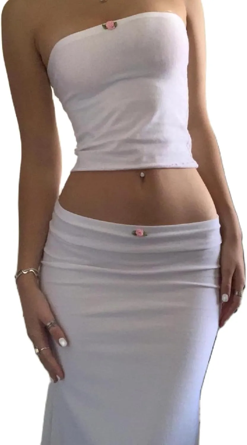 Women Y2K Skirt Set Outfits Strapless Crop Top Bodycon Midi Skirt Dress Sexy 2 Piece Knit Outfits Skirt Summer