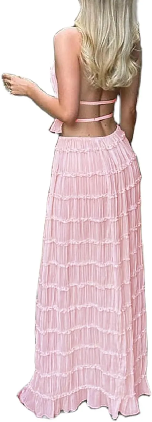 Women Y2K Skirt Set Outfits Strapless Crop Top Bodycon Midi Skirt Dress Sexy 2 Piece Knit Outfits Skirt Summer