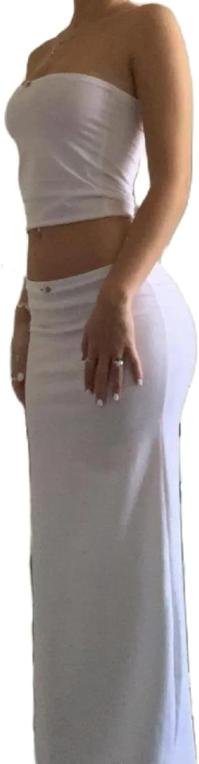 Women Y2K Skirt Set Outfits Strapless Crop Top Bodycon Midi Skirt Dress Sexy 2 Piece Knit Outfits Skirt Summer