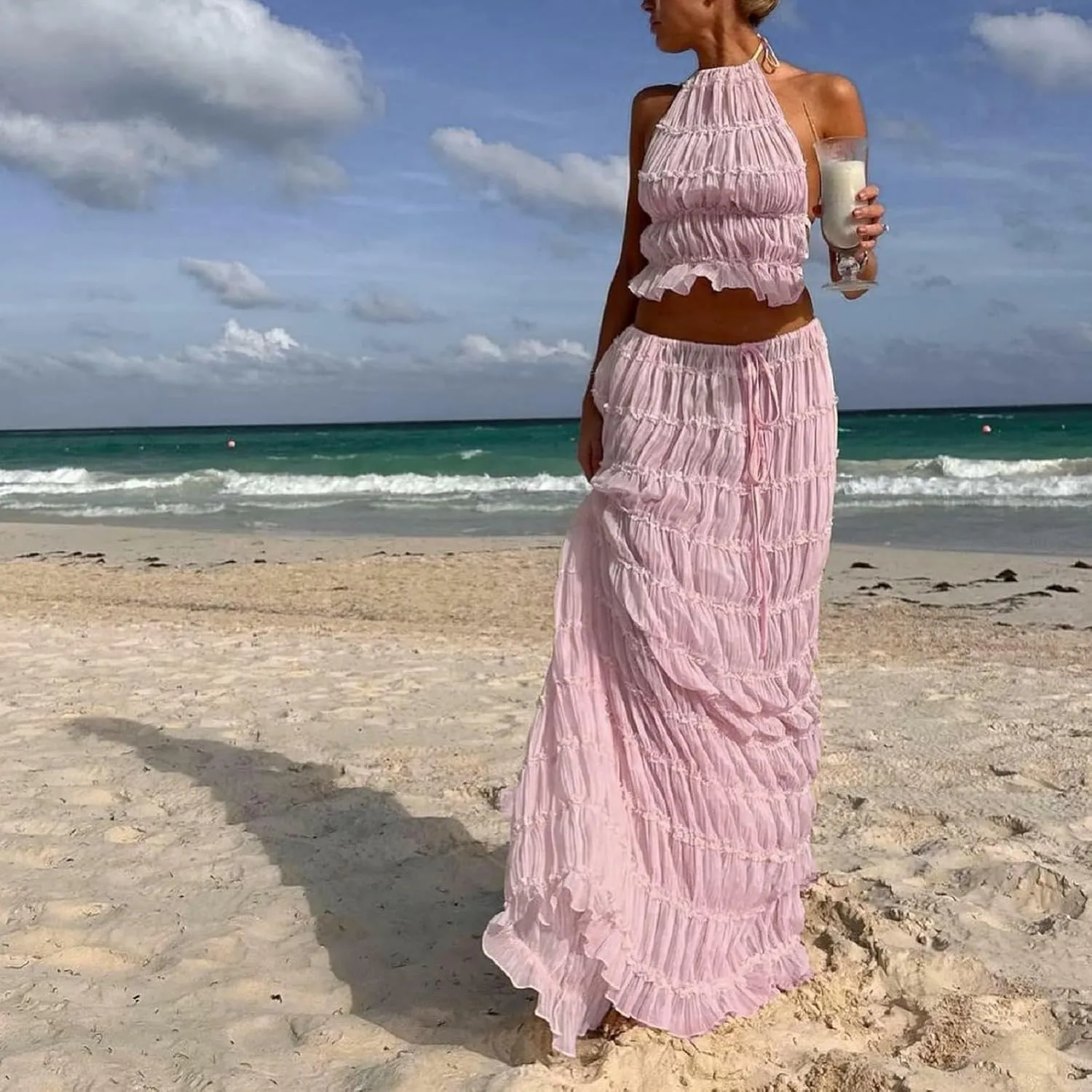 Women Y2K Skirt Set Outfits Strapless Crop Top Bodycon Midi Skirt Dress Sexy 2 Piece Knit Outfits Skirt Summer