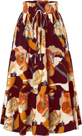 Women's Elastic High Waist Floral Print Tie Knot Pleated Flared Boho A-Line Midi Skirts, S-XL