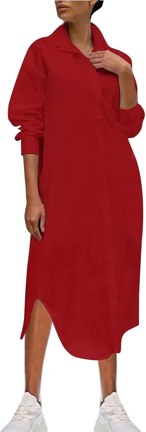 Women's Oversized Long Sleeve Shirt Dress Loose Fit Casual Lapel V Neck Button Down Boyfriend Maxi Dresses