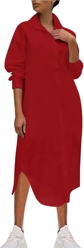 Women's Oversized Long Sleeve Shirt Dress Loose Fit Casual Lapel V Neck Button Down Boyfriend Maxi Dresses