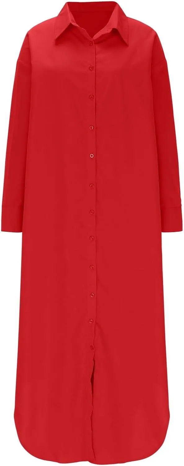 Women's Oversized Long Sleeve Shirt Dress Loose Fit Casual Lapel V Neck Button Down Boyfriend Maxi Dresses