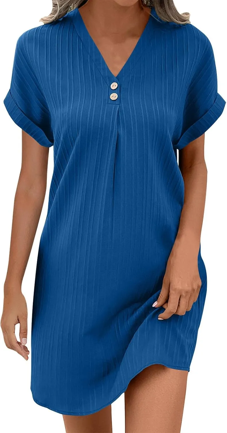 Womens Pleated T Shirt Dresses Summer Vacation Casual Roll Up Short Sleeve Button V Neck Tunic Tee Shirts Mini Dress